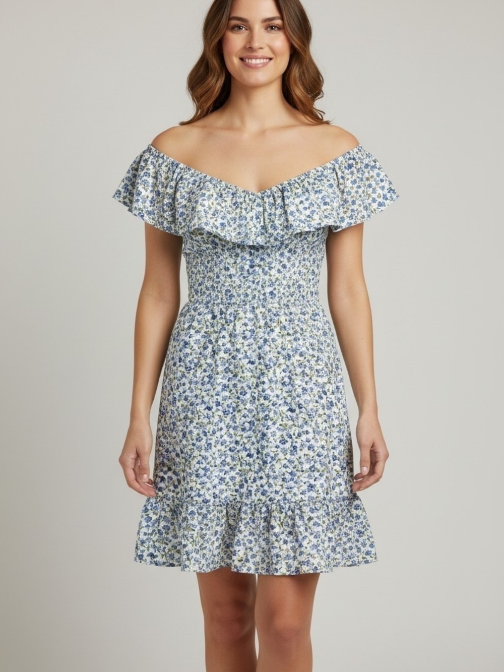 Lulu's Blue Floral Off-Shoulder Smocked Mini Dress Boho Cottagecore Peasant
